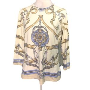 J. McLaughlin Large Cream & Blue Equestrian Chain Print Catalina Cloth Top
